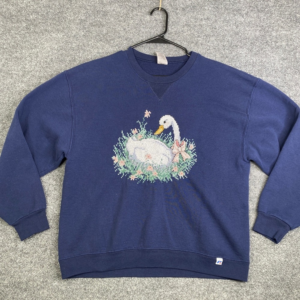 Vintage Russell Athletic Swan Cross Stitch Sweatshirt Blue Large Cottagecore